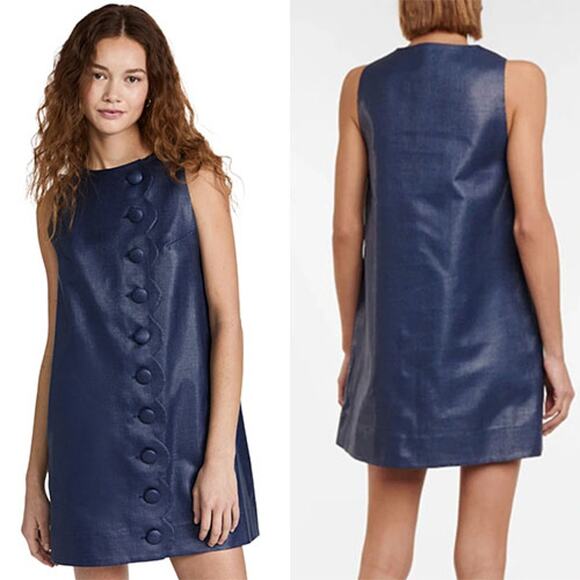 NEW Lisa Marie Fernandez Scallop Button Down Mini Dress Navy Weave Raffia - Picture 1 of 7